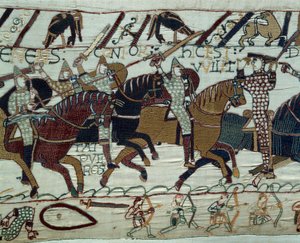 Die Eroberung Englands durch die Armee des Herzogs der Normandie Wilhelm der Eroberer (1027-1087): Herzog Wilhelm wird von seinen Soldaten erkannt, indem er seinen Helm während der Schlacht von Hastings hebt. Detail des Teppichs von Bayeux oder Stickerei d