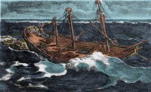 Der Bau des Floßes der Fregatte „Meduse“ scheiterte am 02.07.1816 auf der Bank von Arguin, nahe der Küste von Mauretanien. Gravur des 19. Jahrhunderts von Unknown artist
