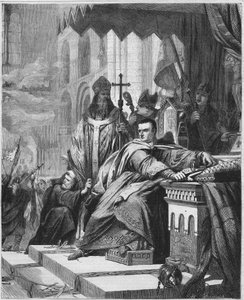 Die Krönung von Wilhelm I. dem Eroberer (1027 bis 1087) im Jahr 1066. Herzog der Normandie (1035 - 1087) und König von England (1066 - 1087). Gravur des 19. Jahrhunderts. von Unknown artist