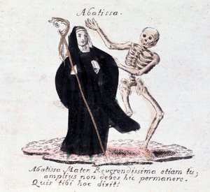 Der Totentanz, die Äbtissin und ein Skelett (Druck) von Unknown artist