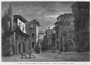Der Tod des Grafen von Gormas, Vater von Chimene, getötet vom Cid während eines Duells. Illustration der Oper „Le Cid“ von Jules Massenet, nach dem Stück von Pierre Corneille und dem Gedicht von Guillen de Castro. Gravur des 19. Jahrhunderts von Unknown artist