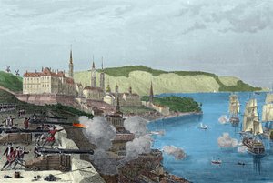 Die Verteidigung von Quebec durch Graf Louis de Buade, Graf von Frontenac (1622-1698) am 16.10.1690. Kolorierte Gravur in „Histoire generale de la marine“ von Van Tenac von Unknown artist