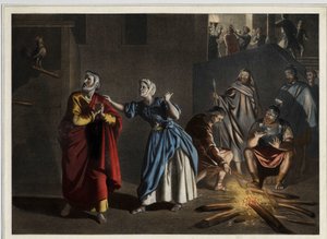 Die Verleugnung des heiligen Petrus: wie Christus vorhergesagt hatte, verleugnet Petrus Christus dreimal, während der Hahn den Tag ankündigt. Anonyme Gravur aus der Mitte des 19. Jahrhunderts.