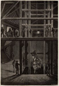Der Abstieg eines Pferdes in die Creusot-Minen, verwendet in unterirdischen Tunneln für den Transport von Kohlenwagen. Gravur zur Illustration einer Reise nach Creusot und den Minen von Saone und Loire, im Jahr 1865, von L. Simonin, in „Le tour du monde, n