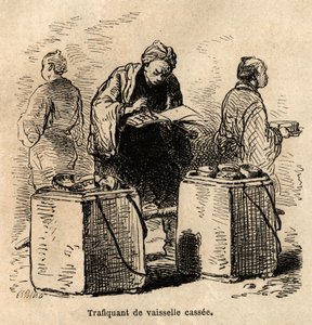 Der schmutzige Geschirrhändler. Gravur zur Illustration der Reise nach Japan, von Aime Humbert, Minister der Schweizerischen Eidgenossenschaft, 1863-1864, veröffentlicht in "Le tour du monde", unter der Leitung von Edouard Charton, Hachette, Paris 1869. Se