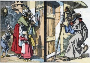 Der verkleidete Wolf klopft an die Tür des Hauses mit der Ziege und den Geißlein. Illustration des Märchens „Compere le Loup, Maitre Renard, Comere la Chevre et ses petits biquets“ nach einer Fabel von Jean de la Fontaine. In „Tales from the home for the l von Unknown artist