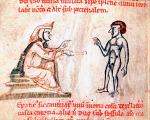 Der Arzt brennt den Patienten an schmerzhaften Stellen mit heißen Eisen. Miniatur aus dem Manuskript „De Medicina cauteriorum secundum Brunum, Rugerium et Rolthe“ 13. Jahrhundert Paris, B.N. von Unknown artist