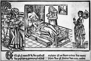 Der Arzt im Bett des Pestkranken, Holzschnitt aus dem „Liber pestilentialis“ von Jérôme Brunschwig, Straßburg von Unknown artist