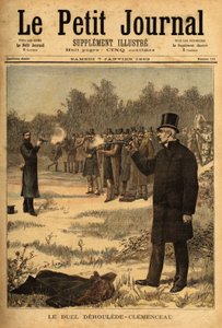 Das Duell mit der Pistole (in Frankreich seit 1626 verboten) zwischen den Abgeordneten Paul Deroulede (1846-1914) und Georges Clemenceau (1841-1929), ohne Schaden. Gravur in „Le petit journal“ 7/01/1893. Selva-Sammlung von Unknown artist