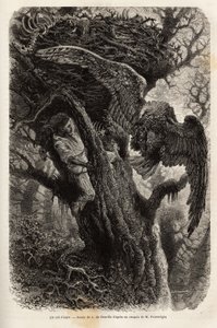 Der Adler schützt sein Nest vor dem Eindringling. Illustration der Geschichte Quatre mois en Florida, von M. Pousselgue, 1851-1852, veröffentlicht in "le tour du monde", unter der Leitung von D