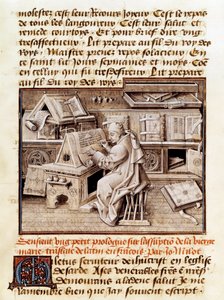 Der Geistliche, Kopist und Übersetzer Jean Mielot (gestorben 1472) bei der Arbeit in seinem Büro. Seite eines Manuskripts aus dem 15. Jahrhundert