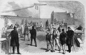 Die Wahlen in Paris 1869: Verteilung der Wahlkarten im Rathaus von Montmartre. Gravur von 1869.