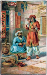 Das verzauberte Rohr. Geschichte von Prinz Ahmed und der Fee Paris-Banou (Pari Banou) (Paribanu). Märchen aus 1001 Nacht (Tales of the Thousand and One Nights). Chromolithographie aus dem späten 19. Jahrhundert. von Unknown artist