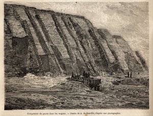 Die Ausbeutung von Guano (Exkremente von Seevögeln, die als Dünger in der Landwirtschaft verwendet werden), die Klippen der Chincha-Inseln (nahe der peruanischen Küste) sind für die intensive Ernte des Rohmaterials in Treppen gegraben, das in Wagen geladen von Unknown artist