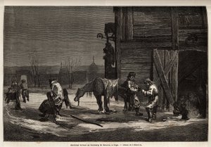 Der Hufschmied, in einem Vorort von Moskau. Zeichnung von Henriet zur Illustration seiner Reise in die russischen Ostseeprovinzen in den Jahren 1851-54. Gravur in „Le tour du monde“, herausgegeben von Edouard Charton von Unknown artist