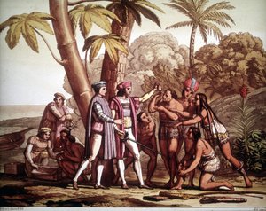 Die ersten Indianer, die Christoph Kolumbus bei seiner Ankunft in Amerika erschienen, - in „Das alte und moderne Kostüm“ von Jules Ferrario