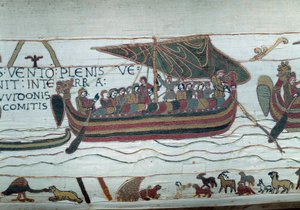 Die Flotte von Harold, die dem Herzog von Normandie Wilhelm dem Eroberer (1027-1087) mitteilen wollte, dass er Nachfolger der Krone von England nach dem Tod von Eduard dem Bekenner wird, wird in einem Sturm gefangen, der sie an die Küsten von Graf Guy de P
