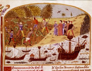 Die Flotte von König Alexander dem Großen. Miniatur aus „Buch der Taten Alexanders des Großen“ von Quintus Curtius Rufus (Quinte Curce) (1. Jahrhundert), um 1468 - (Ms 1335) Reims, Stadtbibliothek