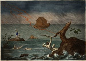 Die Sintflut mit der Arche Noah in der Ferne. Anonyme Gravur aus der Mitte des 19. Jahrhunderts