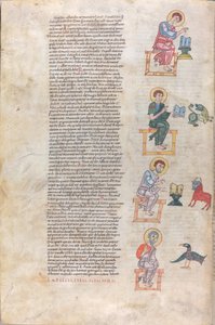 Die vier Evangelisten mit ihren Symbolen: Matthäus, Lukas, Markus, Johannes
