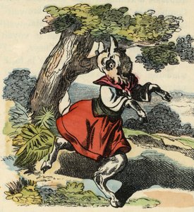Die Ziege, Kleine Chevy. Illustration des Märchens „Bon medor und Kleine Chevrette“. In „Tales from the home for the little ones“. Anonyme Gravur des 19. Jahrhunderts von Unknown artist