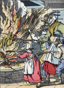 Die Ziege und die Schmuckstücke setzen den Kamin in Brand. Illustration aus dem Märchen „Compere le Loup, Maitre Renard, Comere la Chevre et ses petits biquets“ nach einer Fabel von Jean de La Fontaine. In „Märchen aus dem Heim für die Kleinen“. Anonyme Gr