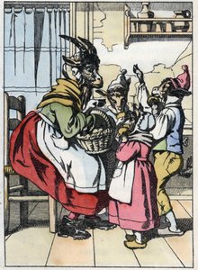 Die Ziege kommt vom Markt zurück und hört die Geschichte der Zicklein. Illustration des Märchens „Compere le Loup, Maitre Renard, Comere la Chevre et ses petits biquets“ nach einer Fabel von Jean de La Fontaine. In „Märchen aus dem Heim für die Kleinen“. A von Unknown artist