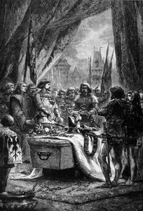 Der Gouverneur legte die Schlüssel von Chateauneuf de Randon auf den Sarg von Bertrand Du Guesclin (1320 - 1380), einem bretonischen Krieger und französischen Patrioten gegen die Engländer. Gravur aus dem 19. Jahrhundert.