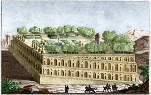 Die hängenden Gärten der legendären Königin Semiramis in Babylon, eines der sieben Weltwunder. Gravur von 1829 in „Old History“ von Rollin