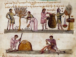 Die Olivenernte, die Honigproduktion und die Lammerschlachtungen. Miniatur aus „Die Cynegetik“ von Oppian von Syrien, gewidmet Caracalla