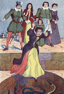 Die schreckliche Ogerin wird in den Tank geworfen. Anonyme Illustration für „La belle au bois dormant“, Märchen von Charles Perrault (1628-1703), französischer Schriftsteller. Bildmaterial Marcel Vagne, Jarville Nancy, undatiert (spätes 19. Jahrhundert) von Unknown artist