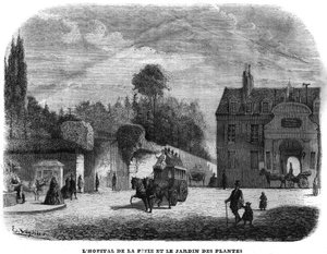 Das Krankenhaus von Pitie Salpetriere (PITIE-SALPETRIERE) und der Jardin des Plantes in Paris im Jahr 1858.