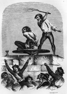 Der Bucklige Quasimodo am Pranger. Illustration aus Victor Hugos Roman „Notre Dame de Paris“ von 1844.