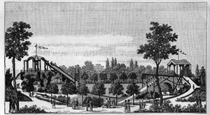 Der Sprung von Niagara in den Ruggieri-Garten, Rue Saint-Lazare in Paris um 1824. In „La Nature. Revue der Wissenschaften und ihrer Anwendungen auf die Künste und die Industrie“ 1888 von Unknown artist