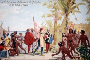 Die Landung von Christoph Kolumbus in San Salvador (Bahamas) am 12.10.1492. Chromolithographie 19. Jahrhundert. von Unknown artist