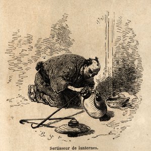 Der Laternenkrämer, ohne ein anderes Instrument als eine Zange, passt er den Papierlaternen ihren Rahmen aus Reifen und Drahtbügeln an. Illustration der Reise nach Japan, von Aime Humbert, Minister der Schweizerischen Eidgenossenschaft, 1863-1864, veröffe von Unknown artist