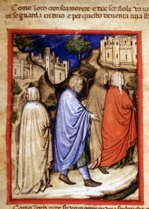Die Flucht von Lot und seine Frau, die zur Salzsäule wurde, weil sie zurückblickte. Miniatur aus Codex 212 (oder Padovano Codice oder Bibel von Padua) 1390-1400 Rovigo, Accademia dei Concordi