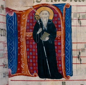 Der Buchstabe A mit einer Darstellung von St. Benedikt: f.70r eines Antiphonars