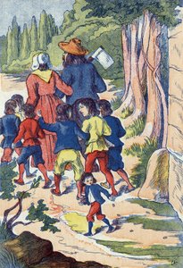 Der kleine Däumling sät Steine auf seinem Weg. Illustration für „Der kleine Däumling“, Märchen von Charles Perrault (1628-1703), französischer Schriftsteller. Anonyme Illustration. Bild von Marcel Vagne, Jarville Nancy, undatiert (spätes 19. Jahrhundert) von Unknown artist