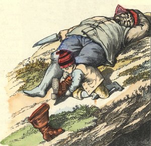 Der kleine Däumling stiehlt dem schlafenden Oger die Siebenmeilenstiefel. Illustration des Märchens „Le Pepetit Poucet“ von Charles Perrault von Unknown artist
