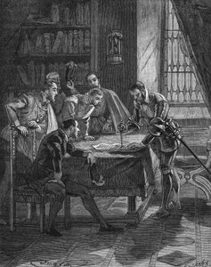 Der Marschall von Vieilleville steckt seinen Dolch in ein Patent, durch das der König von Frankreich Heinrich II. (1519-1559) ihm und den fünf anwesenden Herren das Recht zur Beschlagnahme aller Wucherer und Lutheraner von Guienne, Limousin, Quercy und S