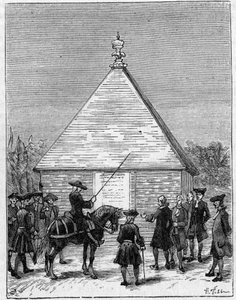 Die Messung des Äquatorgrads im 18. Jahrhundert: Pyramide von Carabourou, Peru, errichtet von La Condamine im Jahr 1736. Stich in „La Nature: revue des sciences et de leurs applications aux arts et a l