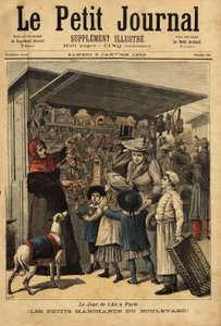 Die Händler und ihre Boulevardauslagen am Neujahrstag in Paris. Gravur in „Le petit journal“ 2/01/1892. Selva-Sammlung von Unknown artist