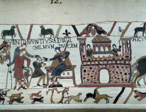 Die Boten des Königs von Normandie Wilhelm der Eroberer informieren ihn, dass Harold, der im Auftrag von König Eduard dem Bekenner aus England kam, von Graf Guy de Ponthieu gefangen genommen wurde. Detail des Teppichs von Bayeux