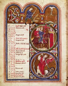 Der Monat September, landwirtschaftliche Arbeiten (Ernte, Dreschen des Weizens mit einer Blume), das Fest der Kreuzerhöhung, St. Georg besiegt den Drachen. Manuskriptseite aus „Der Psalter der Heiligen Elisabeth“ 13. Jahrhundert, Cividale, Museum von Unknown artist