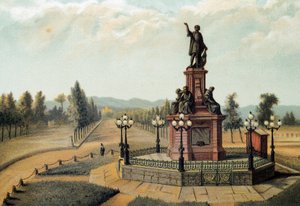 Das Denkmal für den Seefahrer Christoph Kolumbus (Cristoforo Colombo, Cristobal Colon) (1451-1506) auf dem Paseo de la Reforma in Mexiko-Stadt, Mexiko. Chromolithographie von 1885 von Unknown artist