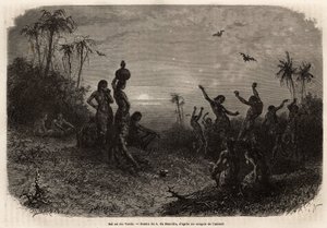 Der Mondscheinball, der die 18-Jahr-Feier und die Hochzeit eines jungen Indianers aus Rio Verde (Brasilien) abschließt. Gravur zur Illustration der Reise nach Neu-Granada, von Dr. Saffray, 1869, veröffentlicht in „Le tour du monde“ 1873, herausgegeben von von Unknown artist