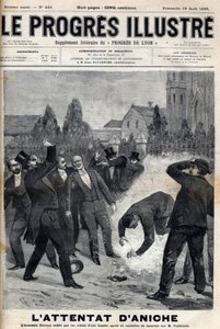 Der Mörder Clement Decoux wird Opfer seines versuchten Angriffs auf Emile Vuillemin (1822-?), Direktor der Minen von Aniche, der am 4. August 1895 seinen fünfzigsten Jahrestag an der Spitze der Kohleproduktion feiert (Stich in „Le Progres illustre“)