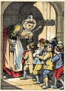 Die Frau des Ogers öffnet dem kleinen Poulet und seinen Brüdern die Tür. Illustration aus dem Märchen „Der kleine Däumling“ von Charles Perrault von Unknown artist