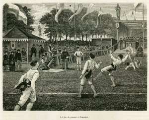 Das Palmspiel in Franeker (Niederlande). Gravur zur Illustration der Geschichte La Frise, basierend auf einem Bericht einer niederländischen Zeitung, in Le Tour du monde 1886, unter der Leitung von Edouard Charton (1807-1890), Hachette, Paris.